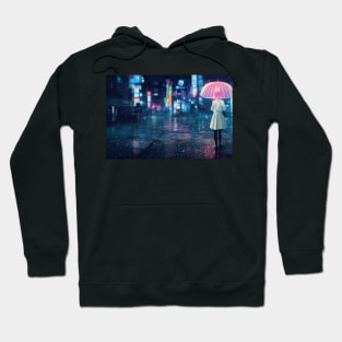 Girl walks at Asian city, Girl walks at cyberpunk city ,Girl walks at rain in city Hoodie